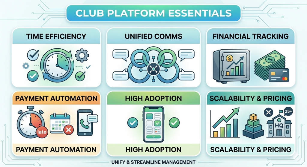 Infographic showing three key benefits of soccer club management software for club admins: time savings on recurring tasks, fewer communication gaps, and cleaner financial records